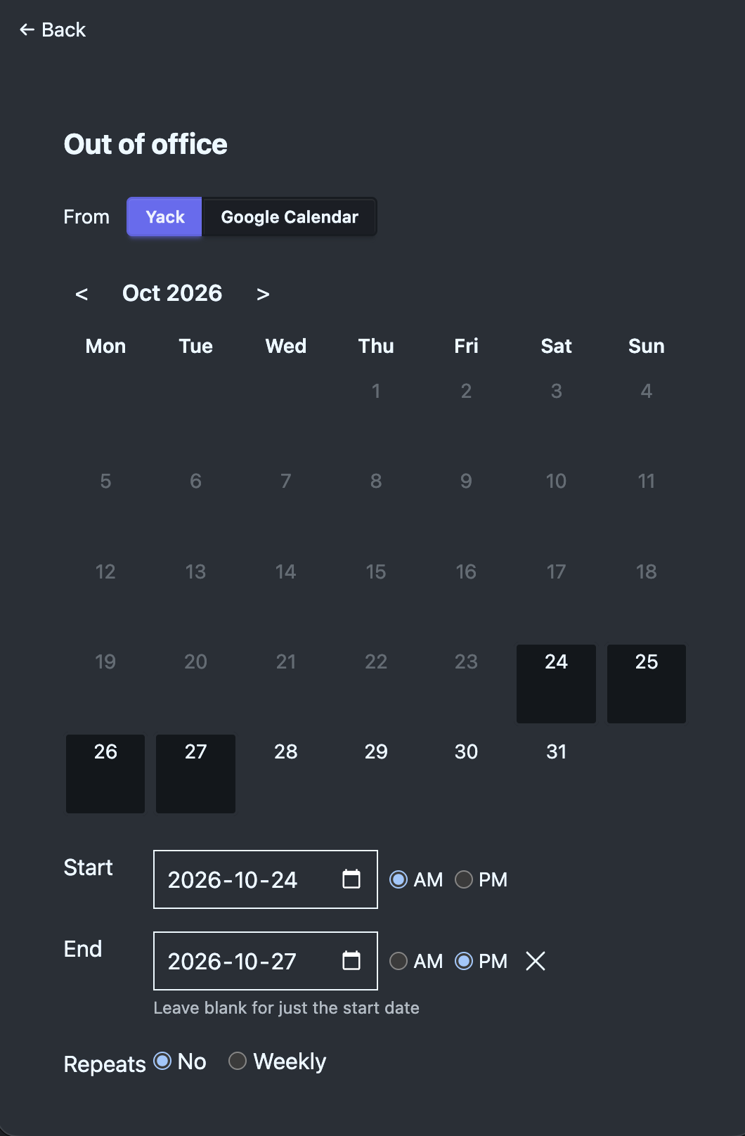 The Out of office calendar
