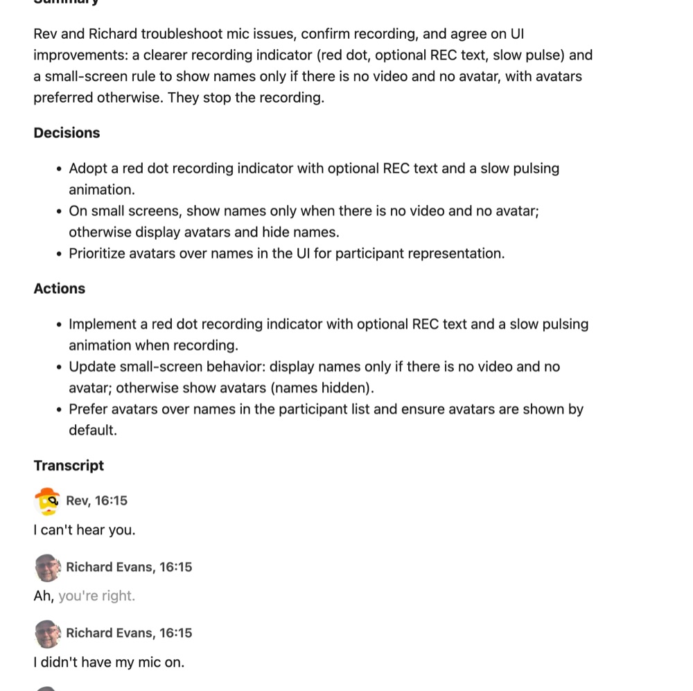 A meeting's summary, decisions, actions and transcript